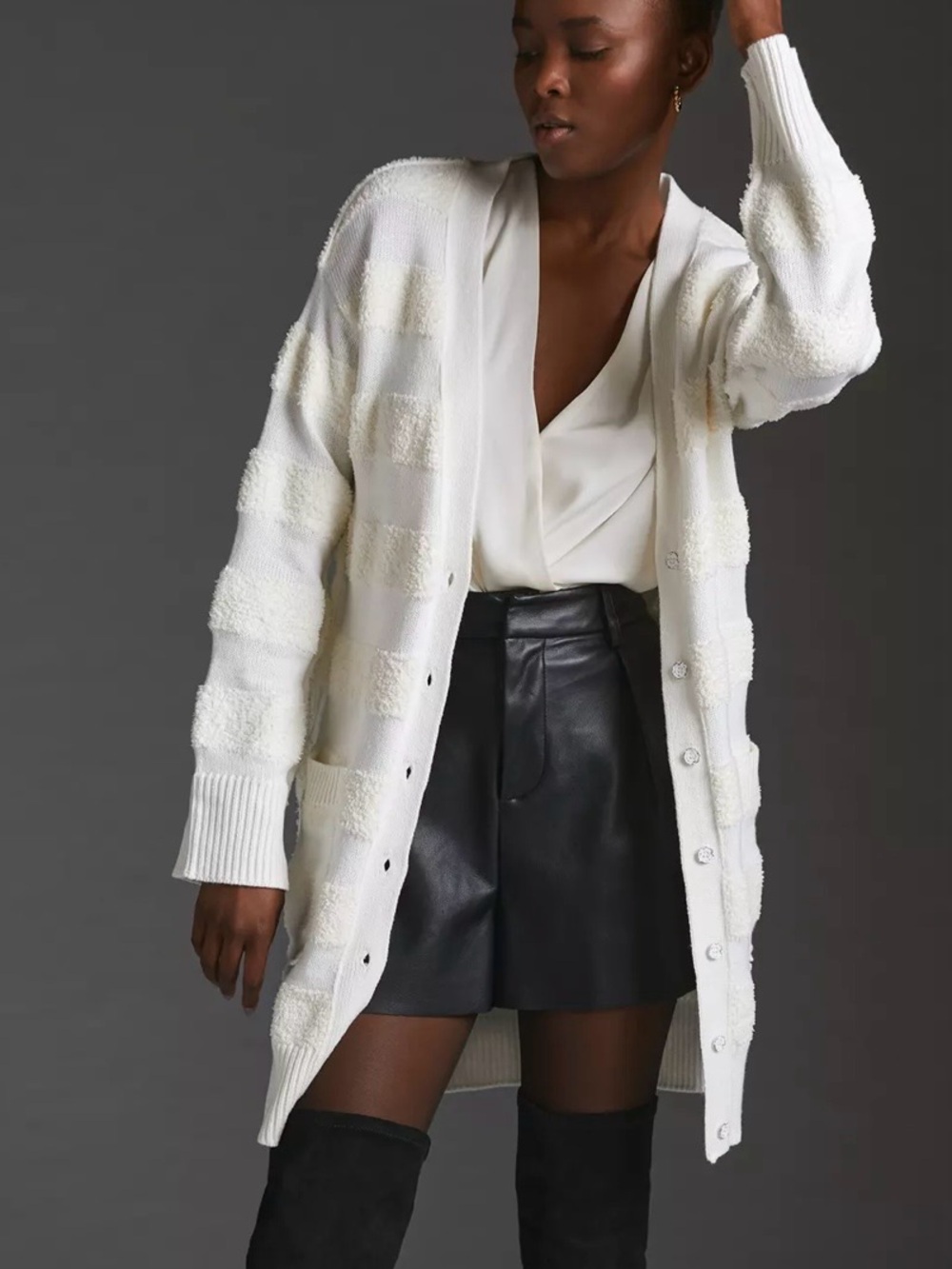 Anthropologie Daily Practice Cozy White Texture-Stripe Button-Up Cardigan